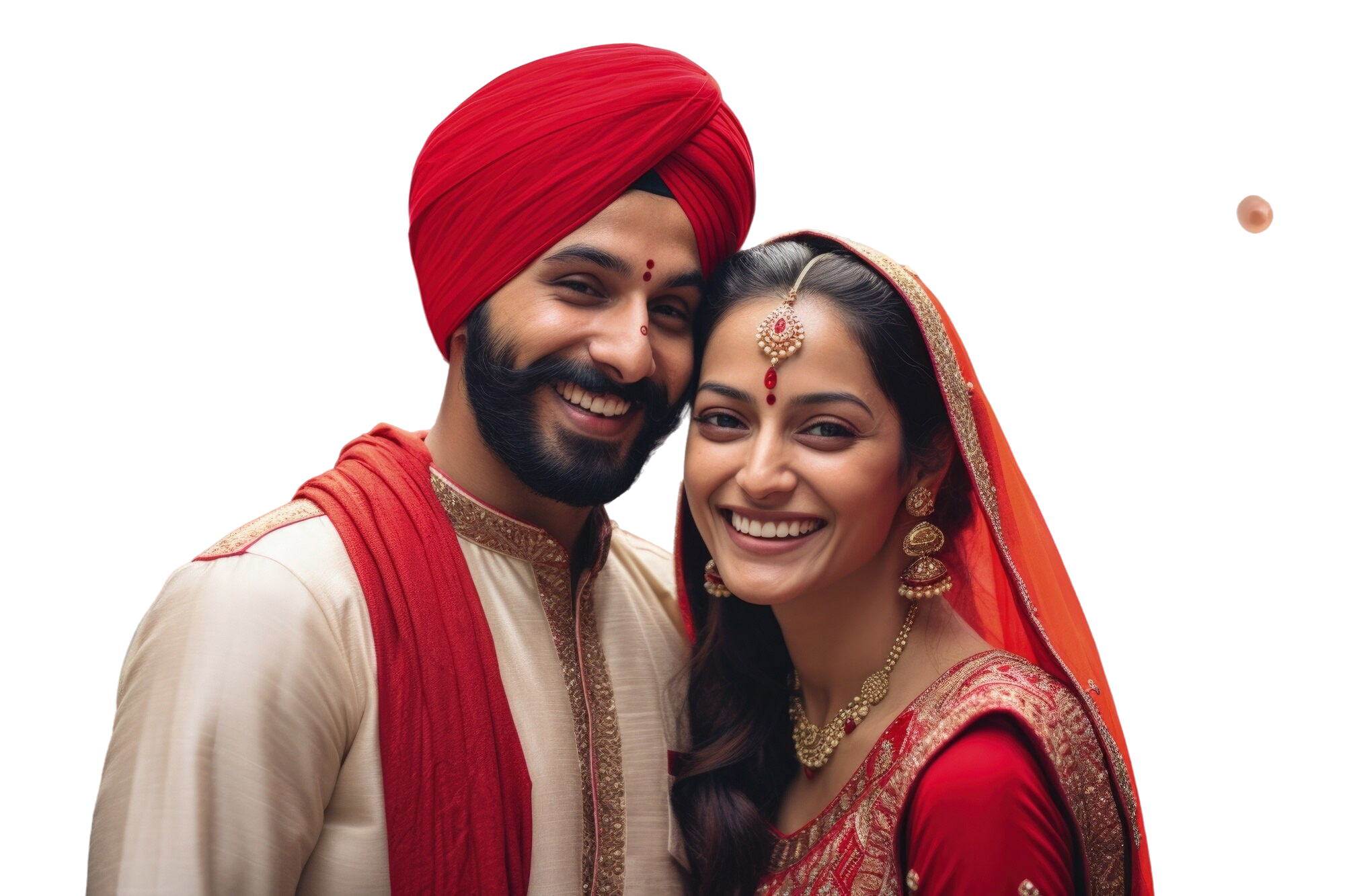 Smiling newlywed couple in traditional attire